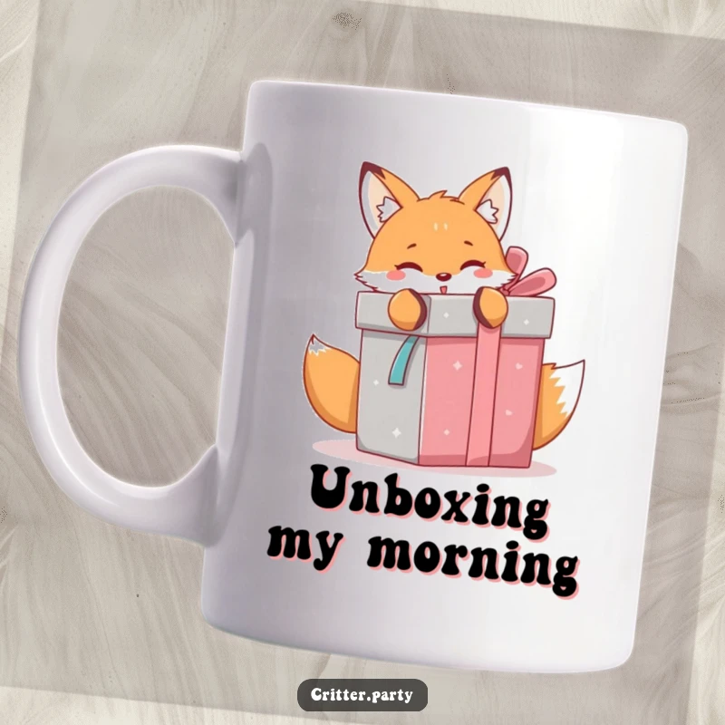 Funny kawaii fox eagerly unwrapping a giant gift box, showing pure excitement and anticipation for the surprise inside.