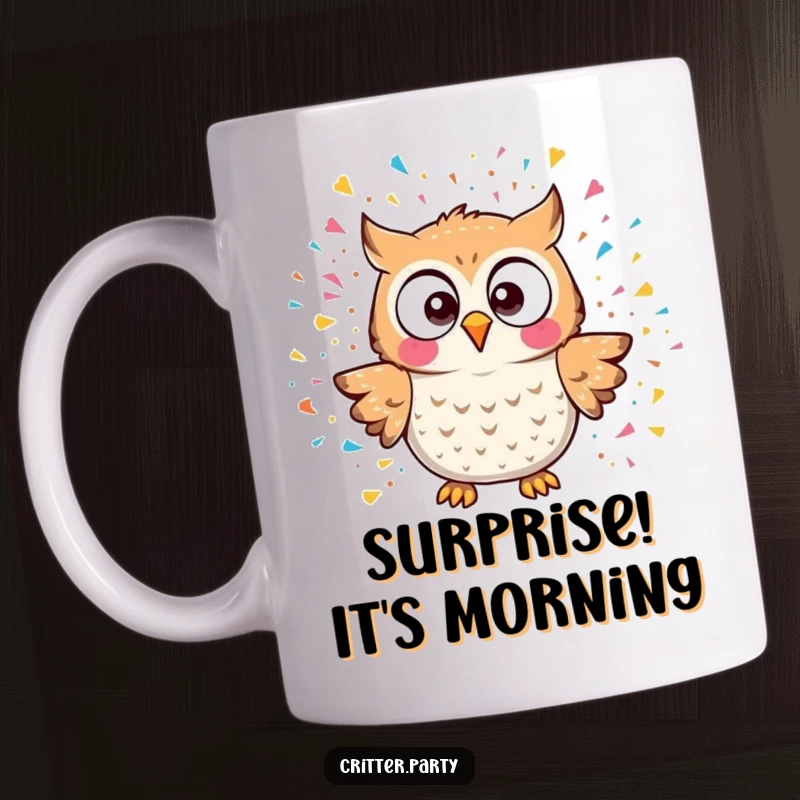 Funny kawaii owl character wide-eyed and surprised by a colorful confetti explosion on a ceramic mug, perfect gift.