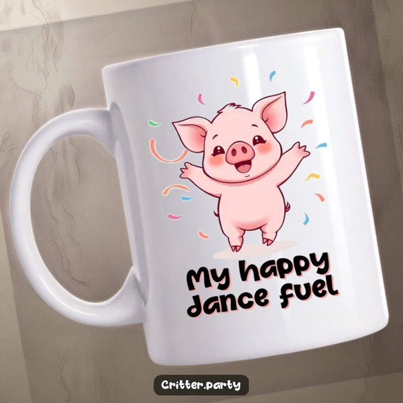Funny Kawaii piglet character excitedly twirling with colorful streamers, making this mug a vibrant and humorous addition.