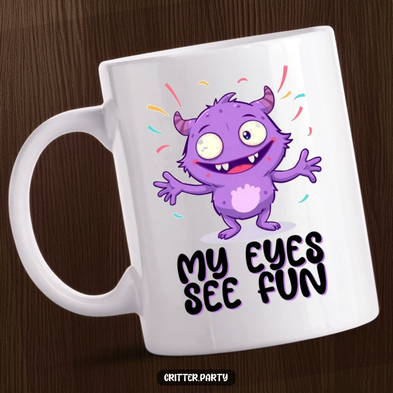 Funny purple monster mug with multiple eyes, giggling and dancing wildly with streamers, embodying pure chaotic fun, perfect for a quirky gift.