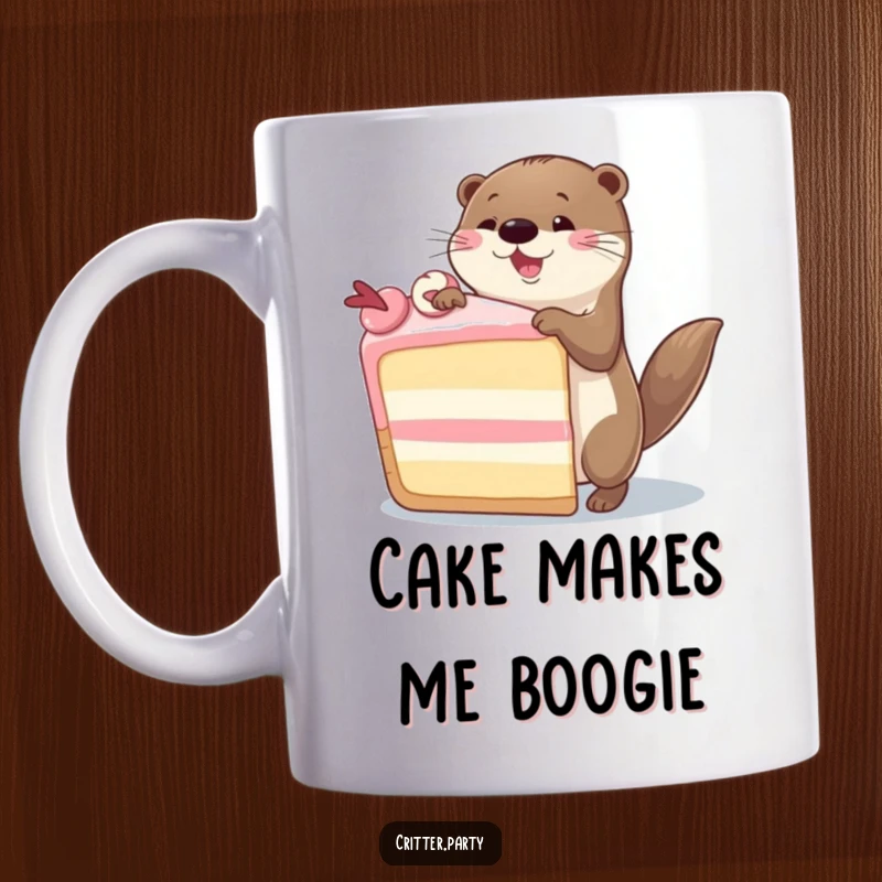 Funny Otter Mug: A cute, happy otter energetically dancing around a huge slice of cake, celebrating with pure joy.