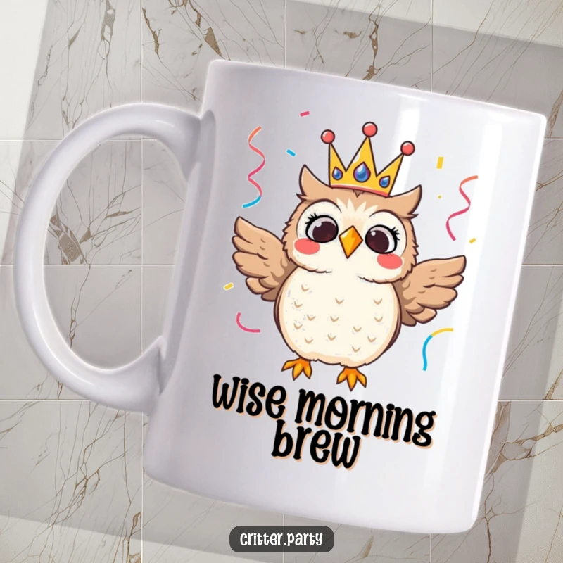 Thrilled owl character wearing a festive crown, surrounded by streamers, a majestic and funny mug design.