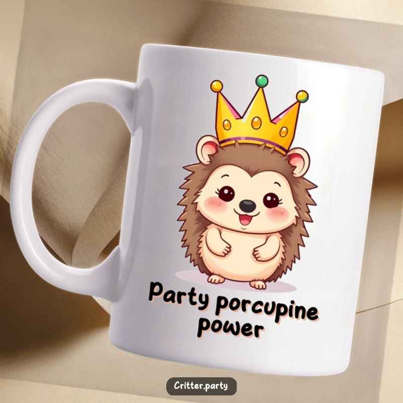 Funny Mug: A happy hedgehog character wearing a festive party crown that is slightly too big, embodying joy.