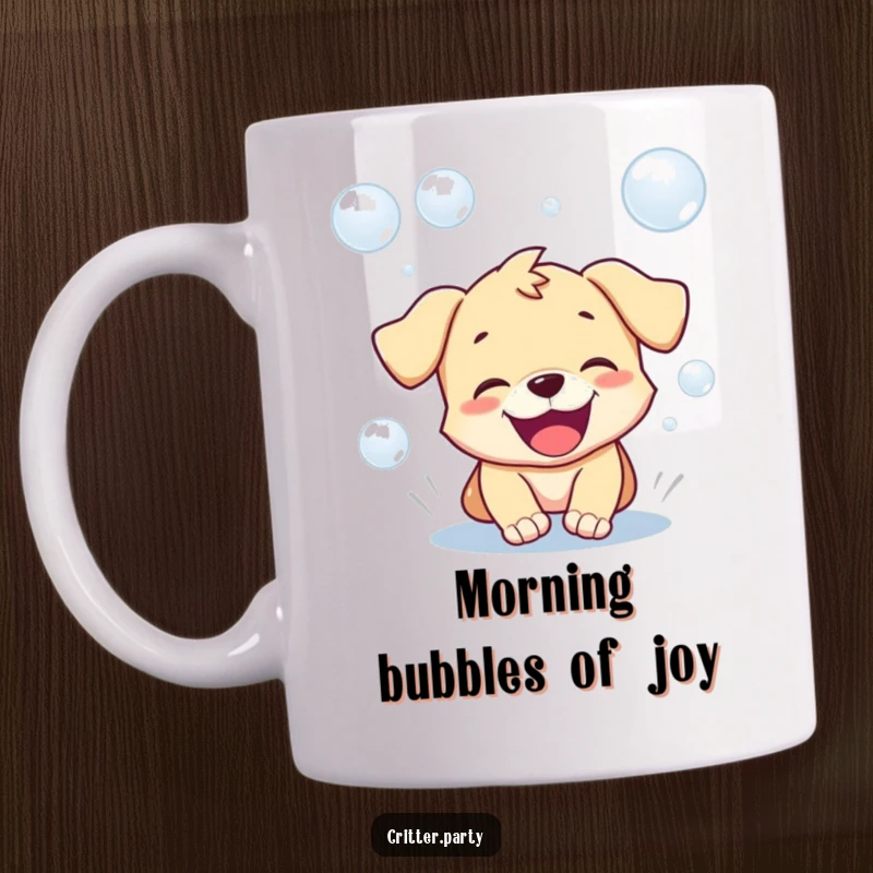 Funny mug featuring a playful puppy character joyfully chasing iridescent bubbles with its mouth wide open in a gleeful expression.