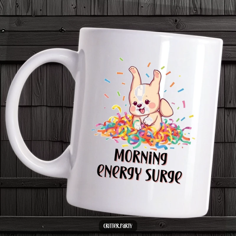 Funny Mug: A playful puppy character attempts a somersault amidst a vibrant, colorful pile of swirling streamers with glee.