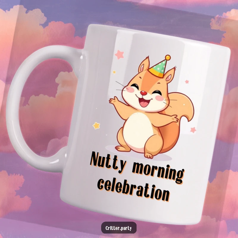 Funny mug featuring a joyful squirrel wearing a tiny party crown, spinning around with ecstatic delight and festive energy.