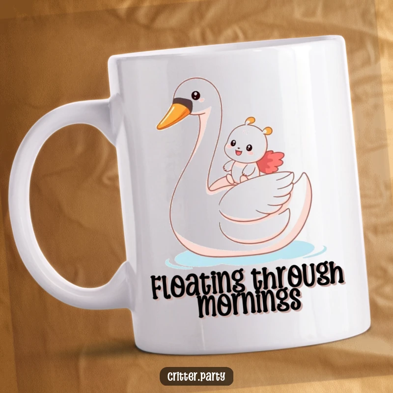 Funny mug vividly illustrating a small critter gleefully riding atop a massive, inflatable swan, embodying pure, unadulterated bliss.