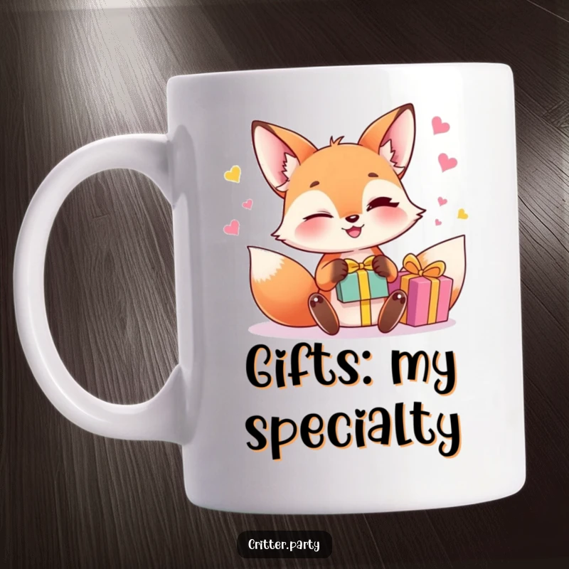 Funny fox juggling mug with a winking fox character expertly juggling small, brightly colored gift boxes with a sly grin.