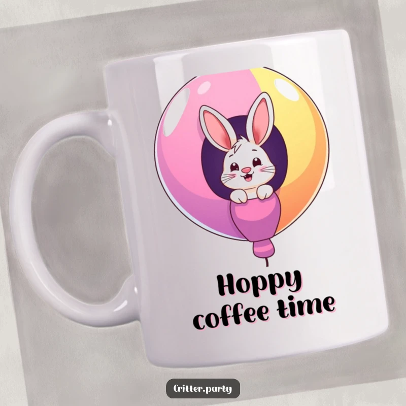 Funny mug featuring a giggling bunny character peeking out from inside a large, vibrant, colorful balloon, showcasing playful surprise.