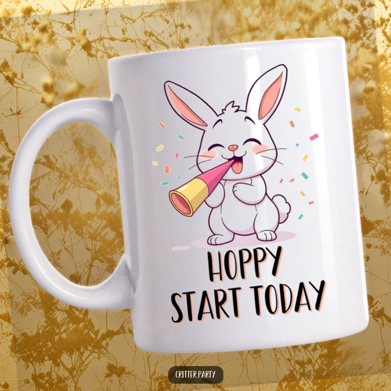 Funny giggling bunny character enthusiastically blowing a party horn, with confetti flying, on a cheerful mug.