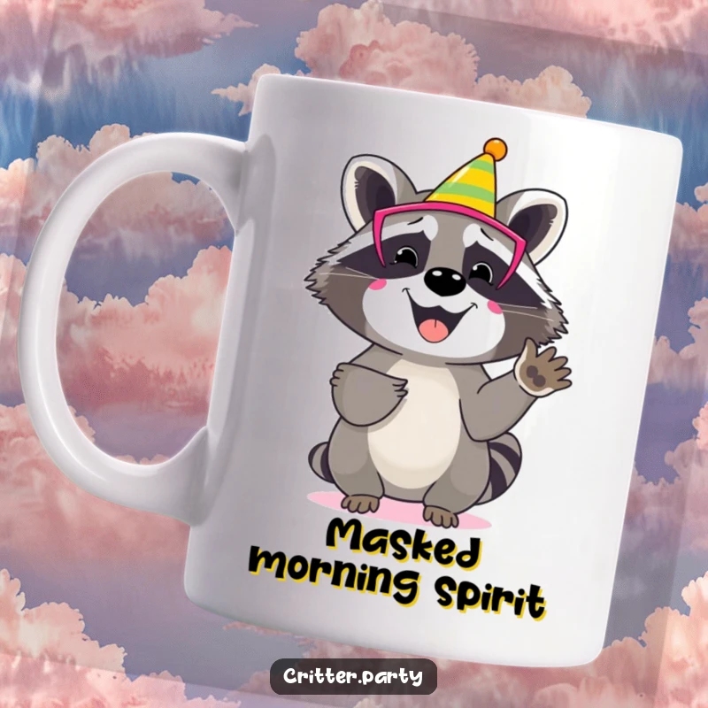 Funny raccoon mug featuring a happy character wearing a colourful party mask, enthusiastically clapping its paws with joy.