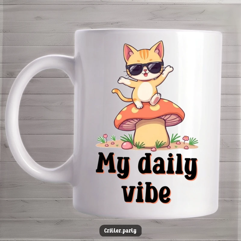 Funny mug with a winking cat in sunglasses dancing energetically on a vibrant, oversized mushroom, radiating cool vibes.