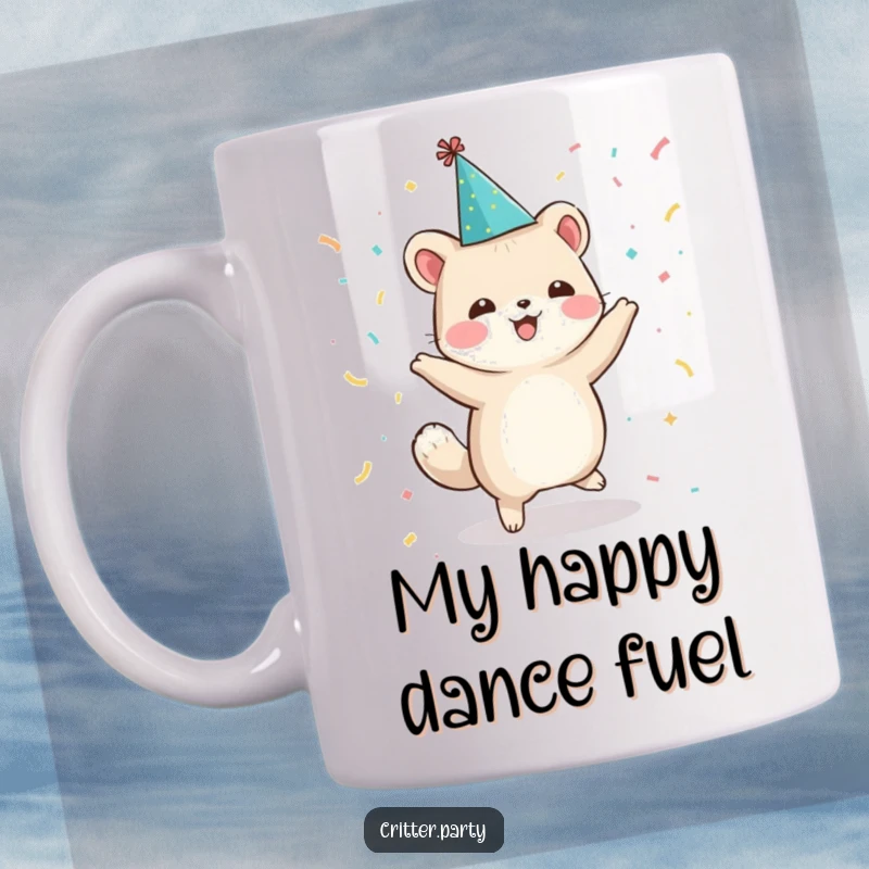 Funny mug with a small, ecstatic animal character in a party hat, joyfully dancing amidst falling confetti, radiating pure celebration.
