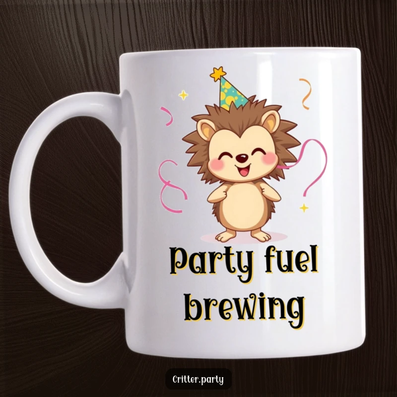 Funny mug showing a smiling hedgehog wearing a party hat and skillfully juggling colorful streamers, representing pure joy and festivity.
