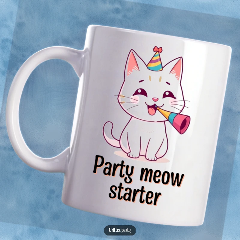 Funny mug featuring a cheerful, small cat wearing a party hat and blowing a tiny horn with great enthusiasm.