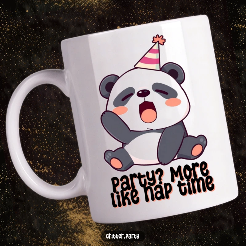 Funny sleepy panda yawning widely while wearing a tilted party hat, perfect for a coffee mug gift.