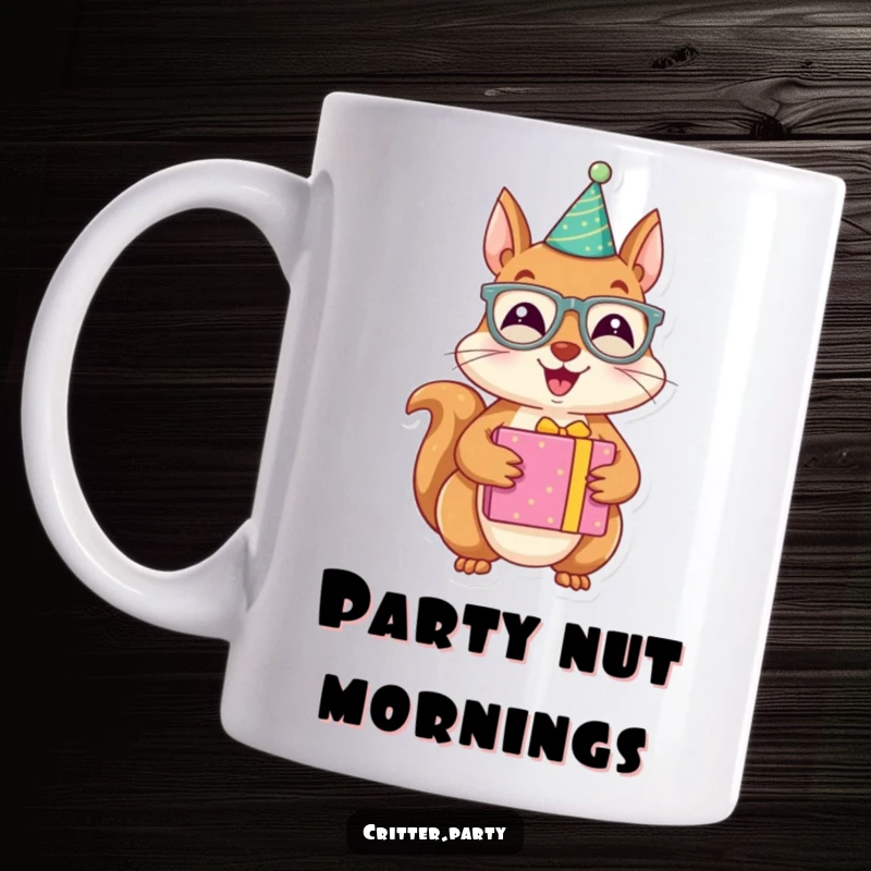 Funny mug featuring a joyous squirrel character wearing party glasses, holding a brightly wrapped present, embodying festive fun.