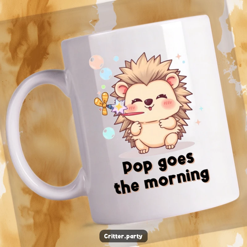 Funny Hedgehog Mug: A happy hedgehog character joyfully blows bubbles from a party popper, celebrating with delight.