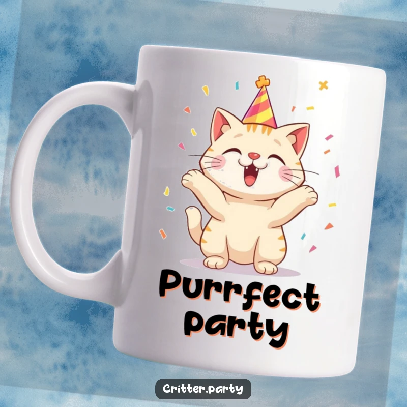 Funny mug with an excited cat character wearing a party hat, gleefully tossing confetti everywhere.