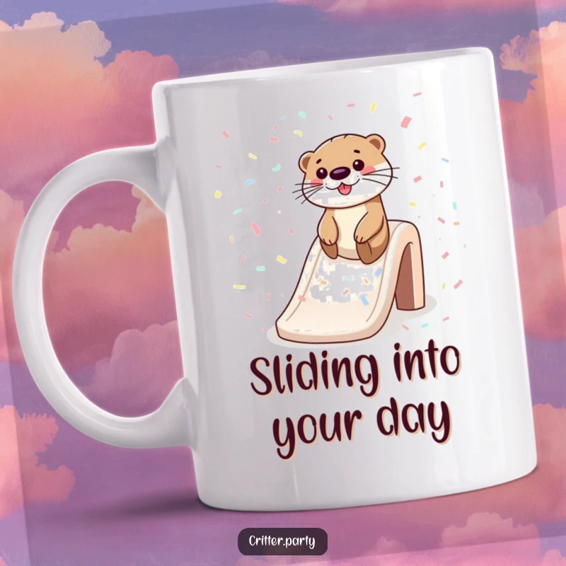 Funny mug featuring a happy otter sliding gleefully down a sparkling slide covered in colorful confetti, radiating pure excitement.