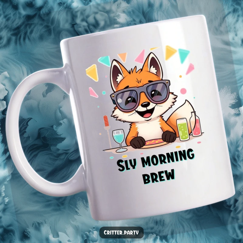 Funny grinning fox wearing oversized novelty glasses, seated at a party table, captured on a mug for ultimate humor.