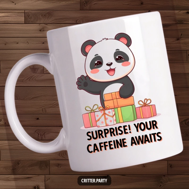 Funny mug featuring a joyful panda character popping out from behind a colorful stack of presents, waving cheerfully with a big smile.
