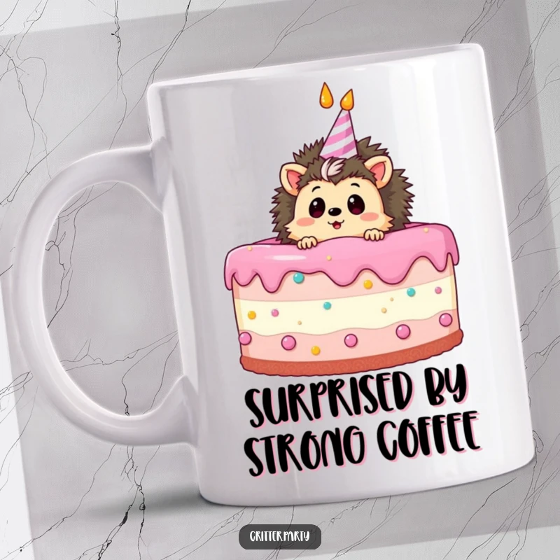 Funny mug featuring a curious hedgehog character peeking out from a giant, frosted birthday cake with a look of sweet surprise.