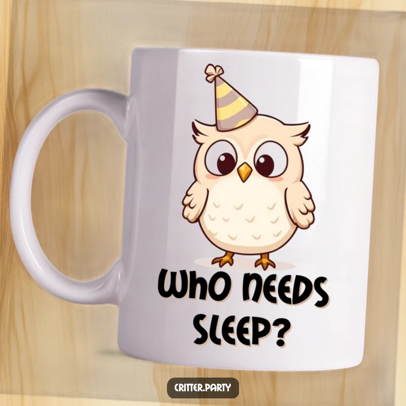 Funny surprised owl mug featuring a tiny owl character with a party hat comically tipping off its head, conveying shock and humor.