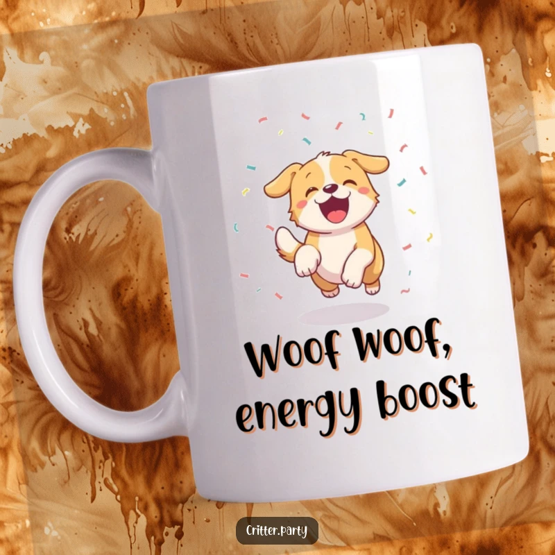 Funny excited dog with a furiously wagging tail, joyfully chasing a vibrant stream of falling confetti, printed on a mug.