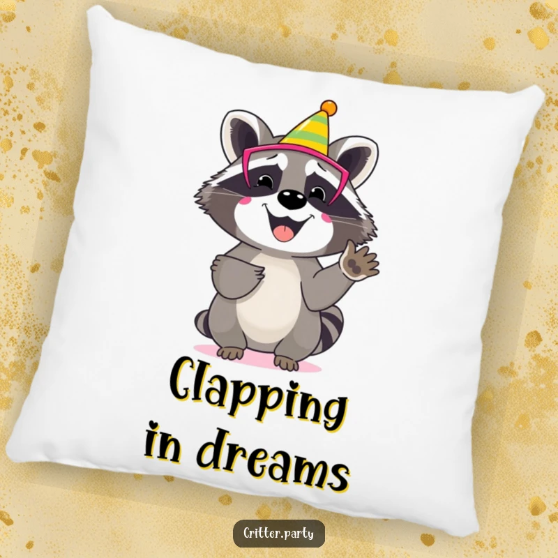 Funny raccoon pillow featuring a happy character wearing a vibrant party mask, enthusiastically clapping its paws.