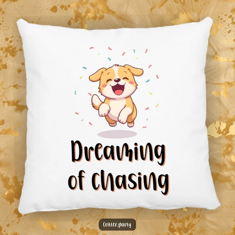 Soft, decorative funny dog pillow featuring an excited dog chasing confetti with a wagging tail, adding whimsical charm.