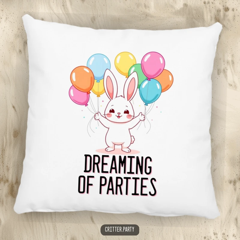 Funny kawaii bunny juggling colorful balloons at a party, a soft and decorative pillow for adding festive flair.