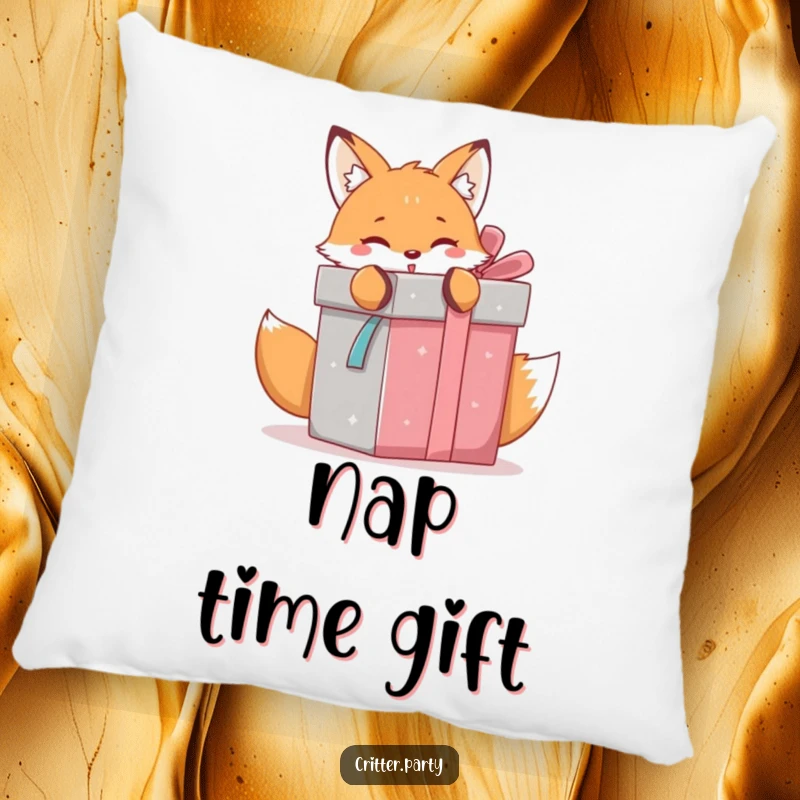 Funny kawaii fox playfully unwrapping a giant gift box, a soft and decorative pillow for adding a touch of playful surprise.