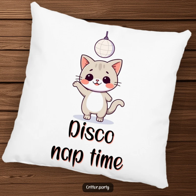 Funny kawaii cat dancing under a disco ball, a soft and decorative pillow for adding a touch of disco flair.