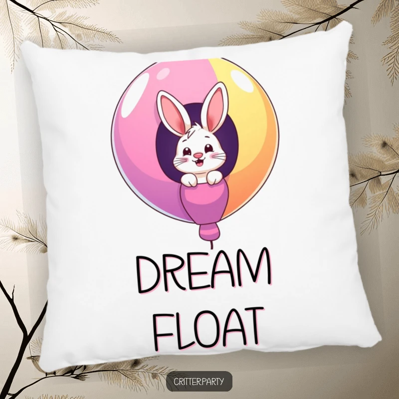 Funny pillow with a giggling bunny character peeking out from a giant, colorful balloon, providing comfort and a playful atmosphere.