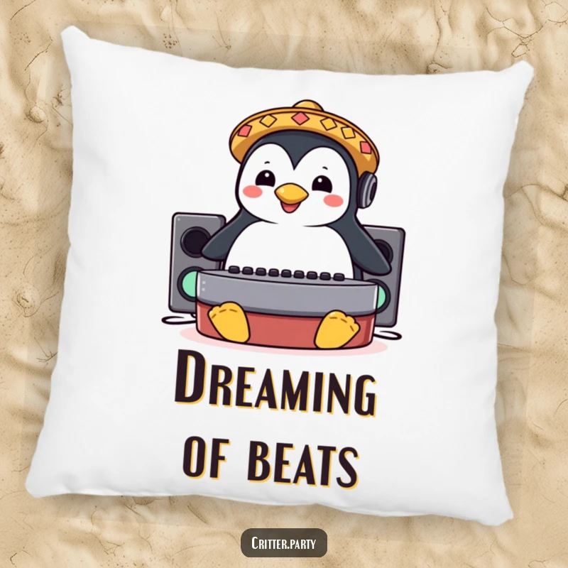 Funny pillow featuring a happy penguin wearing a sombrero, sliding across a DJ booth, perfect for relaxation.