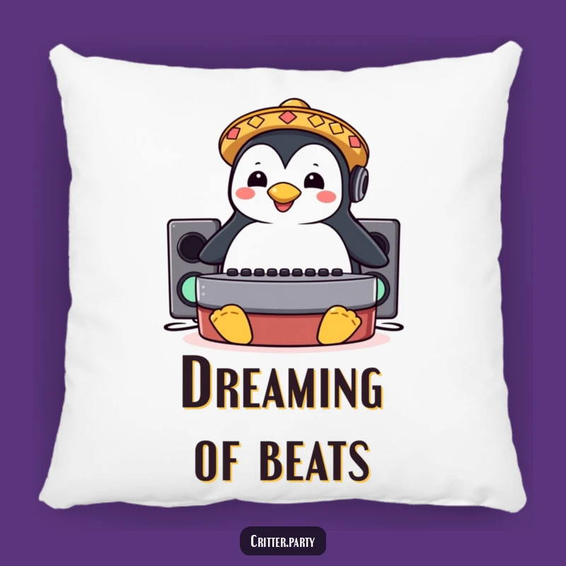 Funny Penguin Sombrero DJ Booth Slide Pillow: Comfy Beats for Your Couch