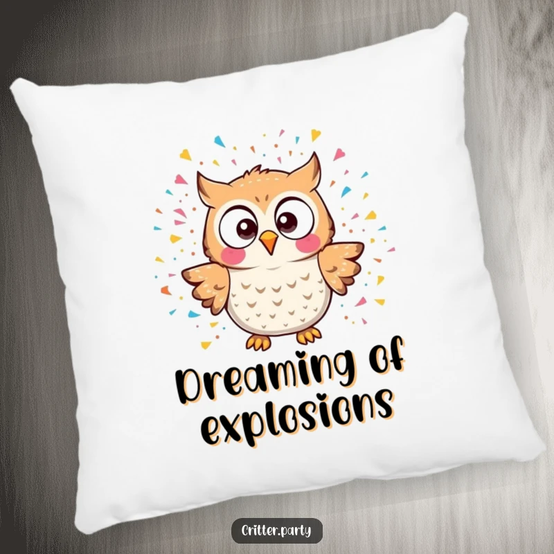 Funny kawaii owl character surprised by a chaotic confetti explosion, printed on a soft pillow, a cute funny gift.