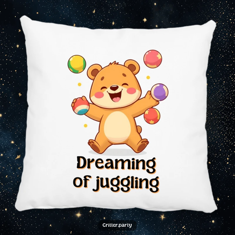 Funny pillow with an excited bear cub happily juggling colorful balls, perfect for humorous lounging.