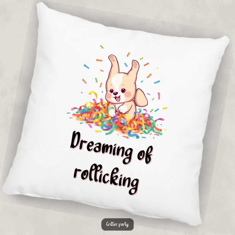 Funny Pillow: A playful puppy character is captured mid-somersault within a chaotic, colorful pile of streamers, symbolizing pure fun.
