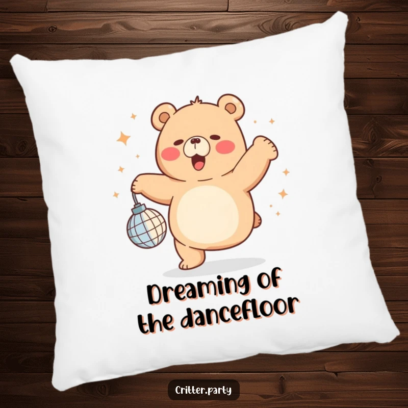 Soft, plush funny chubby bear pillow featuring ecstatic dancing with a tiny disco ball, perfect for adding humor to any room.