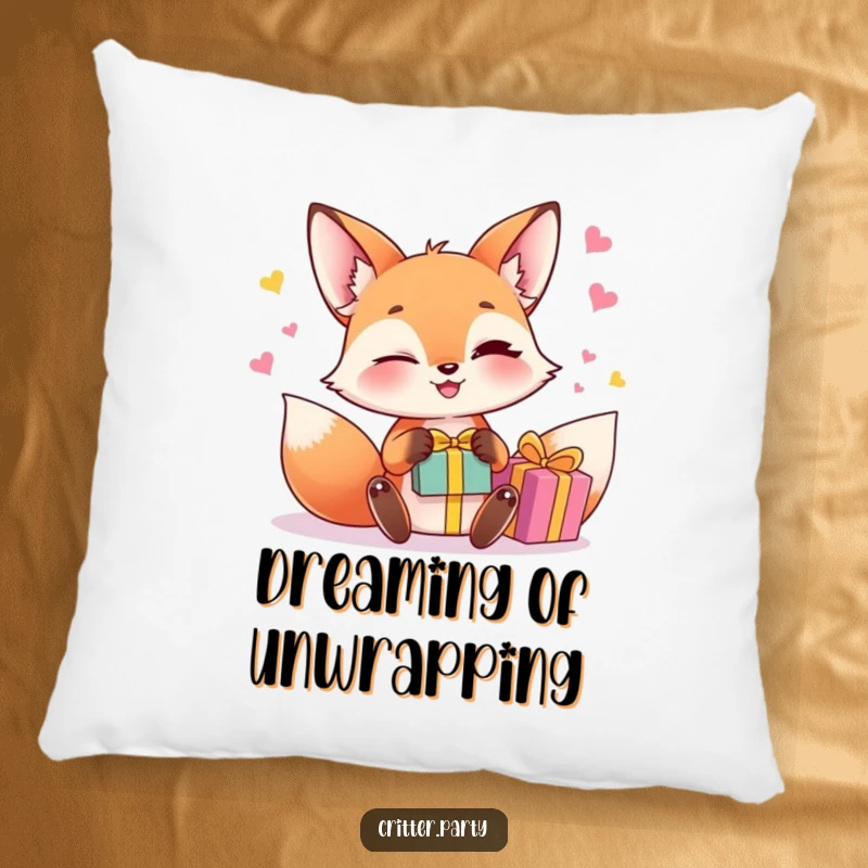 Funny fox juggling pillow with a winking fox character juggling small, brightly colored gift boxes, providing comfort and wit.