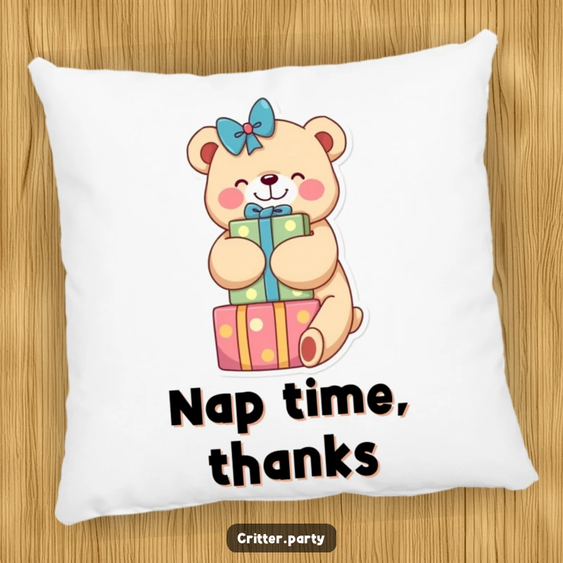 Funny pillow featuring a lovable bear embracing a pile of vibrant, wrapped gifts, adding a touch of playful comfort to any seating area.