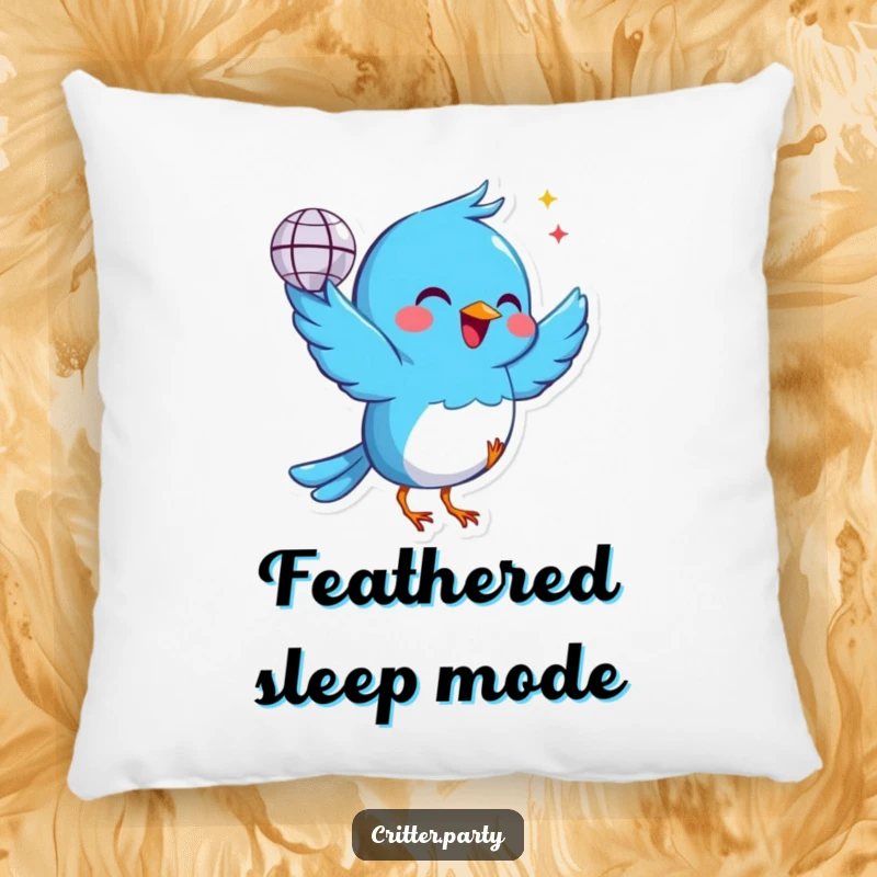 Funny blue bird pillow holding a tiny disco ball, dancing with joy, offering a cheerful and comfortable decorative touch, splendid for a present.