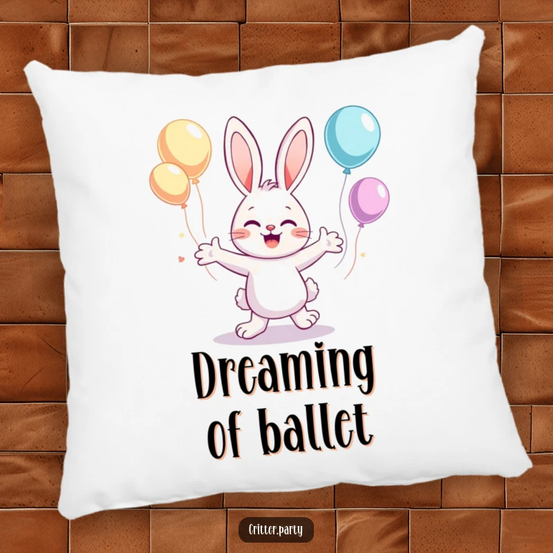 Funny pillow featuring a cute bunny character dancing with flailing arms, surrounded by floating balloons, for soft amusement.