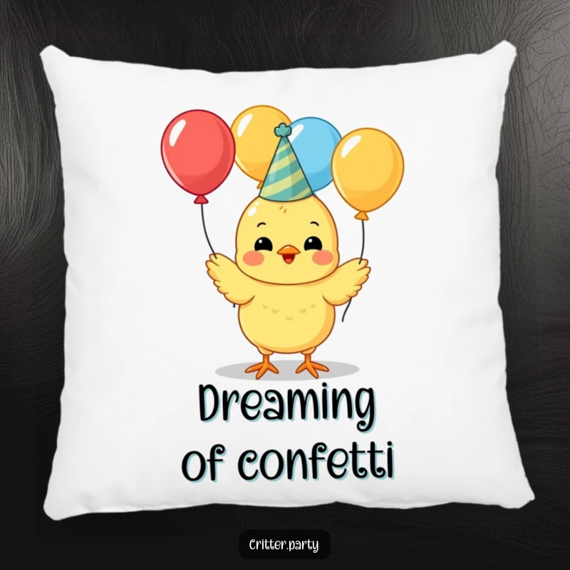 Funny cute yellow chick wearing a party hat, juggling colorful balloons on a soft pillow, epitomizing festive fun.
