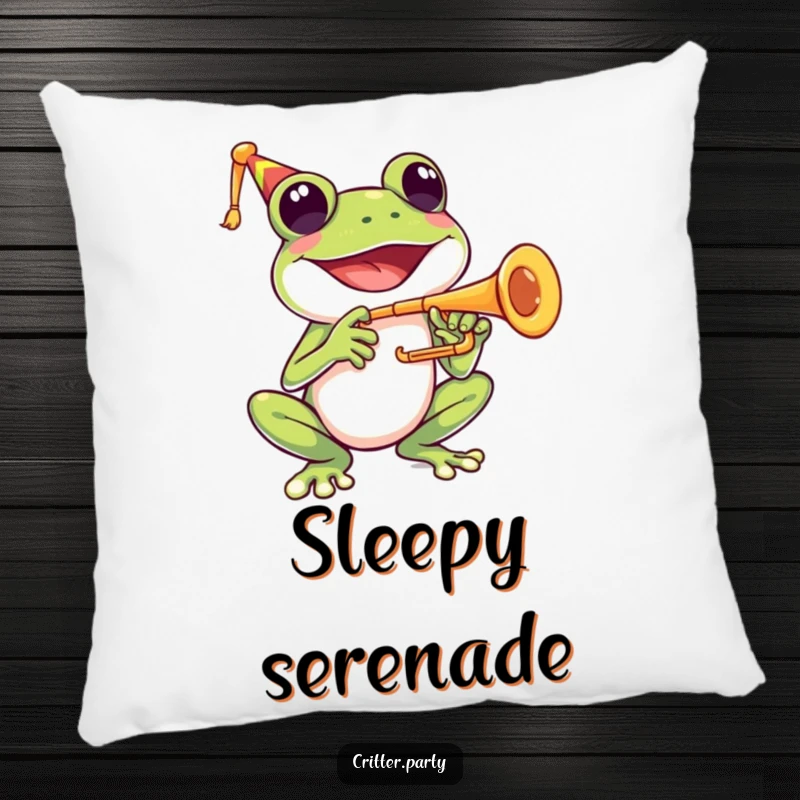 Funny pillow showing a happy frog character joyfully playing a tiny trumpet with a wide smile.