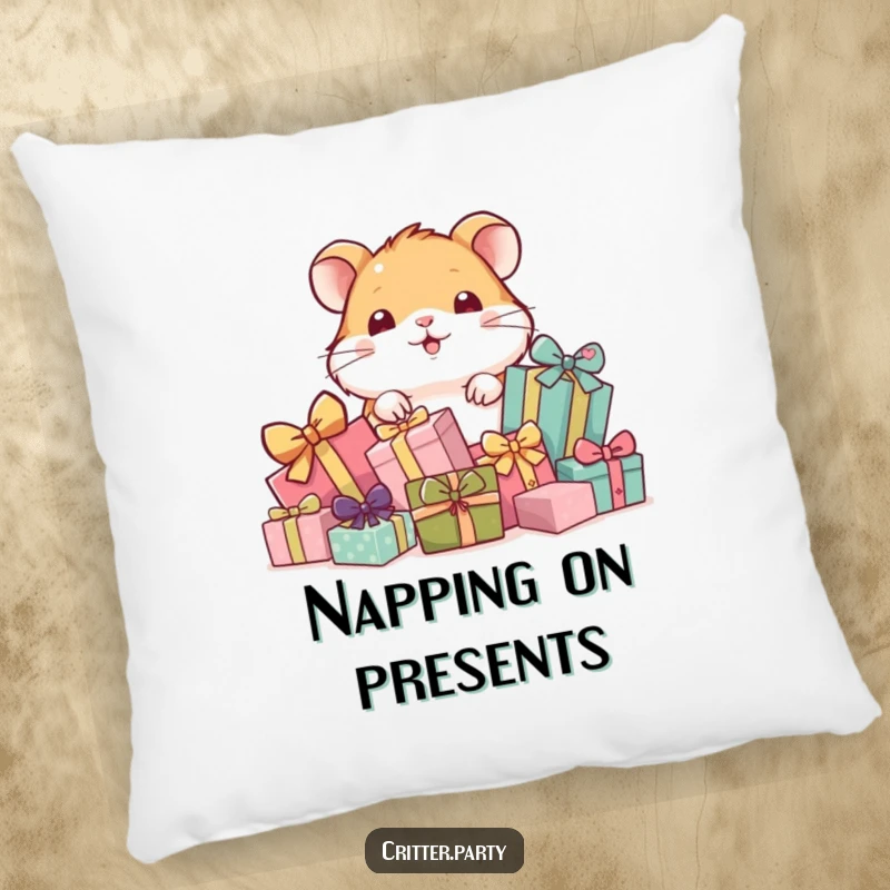 Funny and soft pillow featuring a playful hamster peeking from behind a pile of presents, adding cute humor to decor.