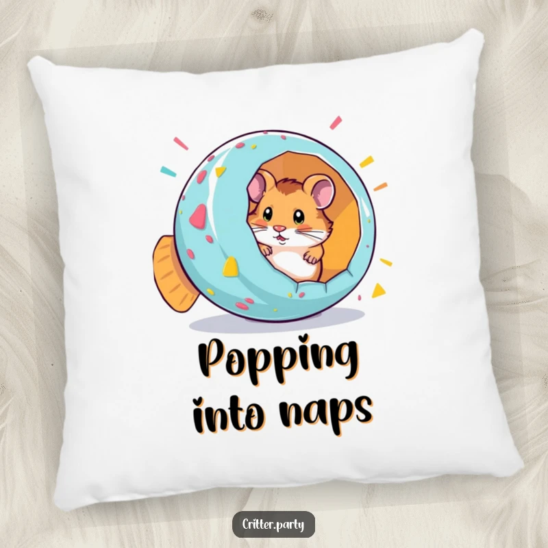Funny pillow featuring a curious hamster popping out of a giant, colorful party popper, perfect for lounging.