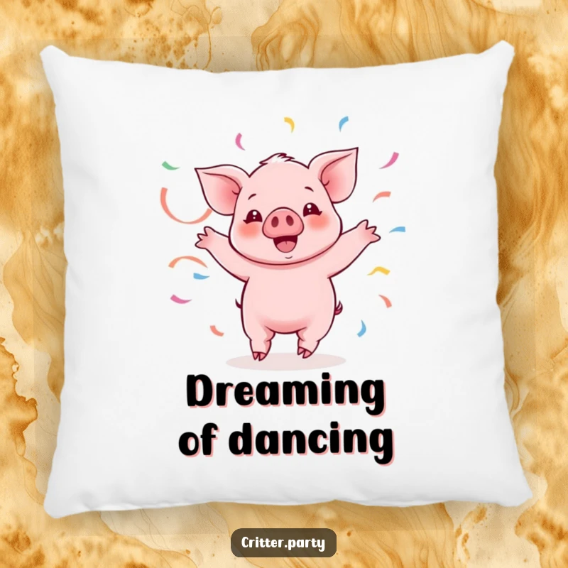 Funny Kawaii piglet character twirling with streamers, making this plush pillow an incredibly cheerful and funny decor item.